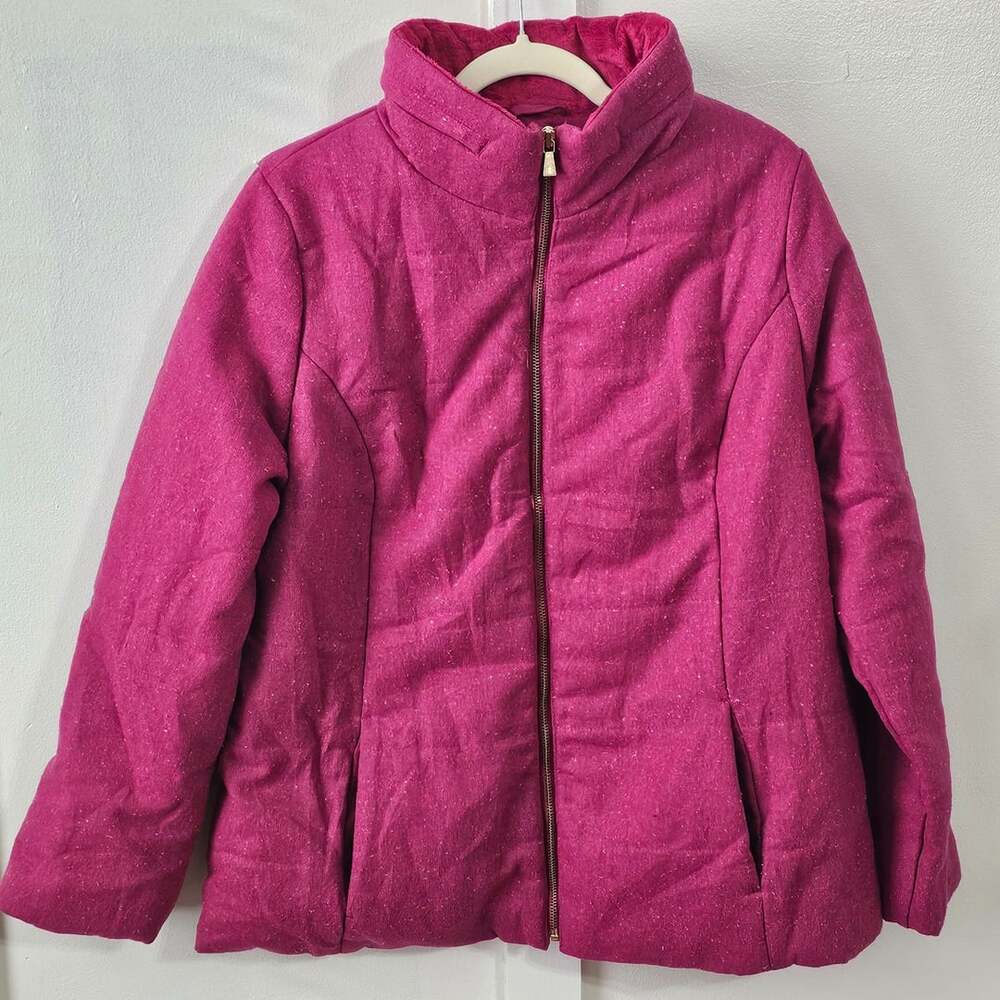 Isaac Mizrahi Live Jacket 1X Pink Wool Blend Speckled Funnel Neck Zip Peplum